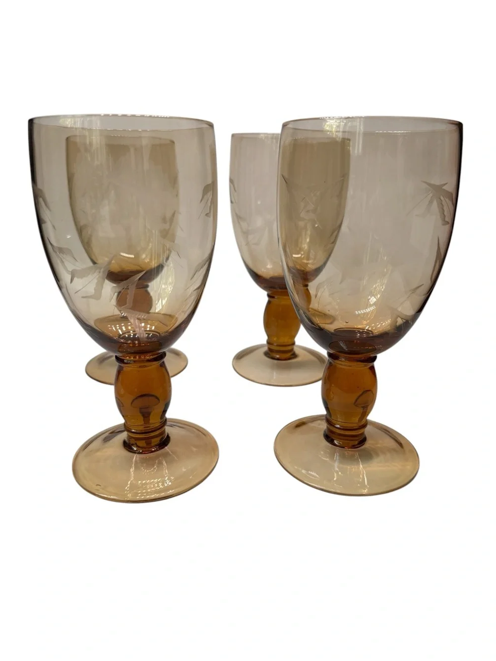 Set of 4 Pier 1 Etched leaf amber water wine glasses 8”